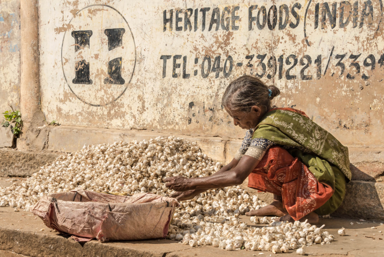 Mercado de comida, ajo, Hyderabad, India 2015